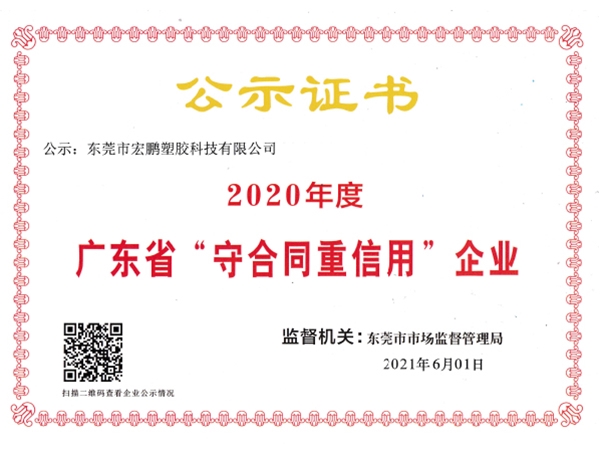 Guangdong Province contract-observing and trustworthy enterprise certificate